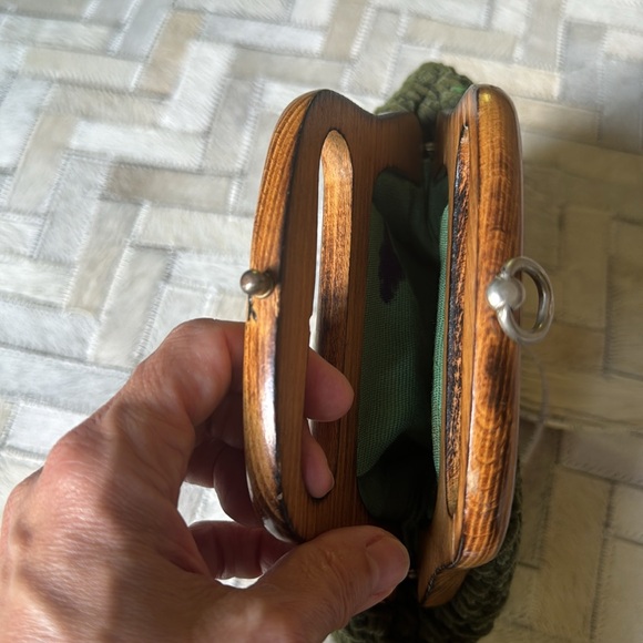 Vintage Contessa velvety chenille woven lined bag w/ wooden handle from Japan - Picture 3 of 9